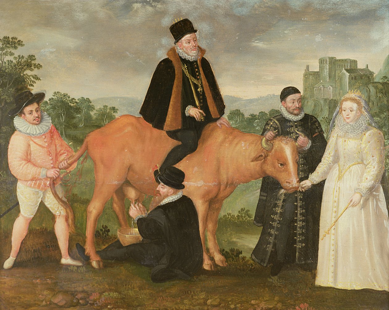 Portrét Filipa II. (na krávě), vévody z Alenconu, vévody z Alby, Viléma Oranžského a královny Alžběty I. od Philip Moro