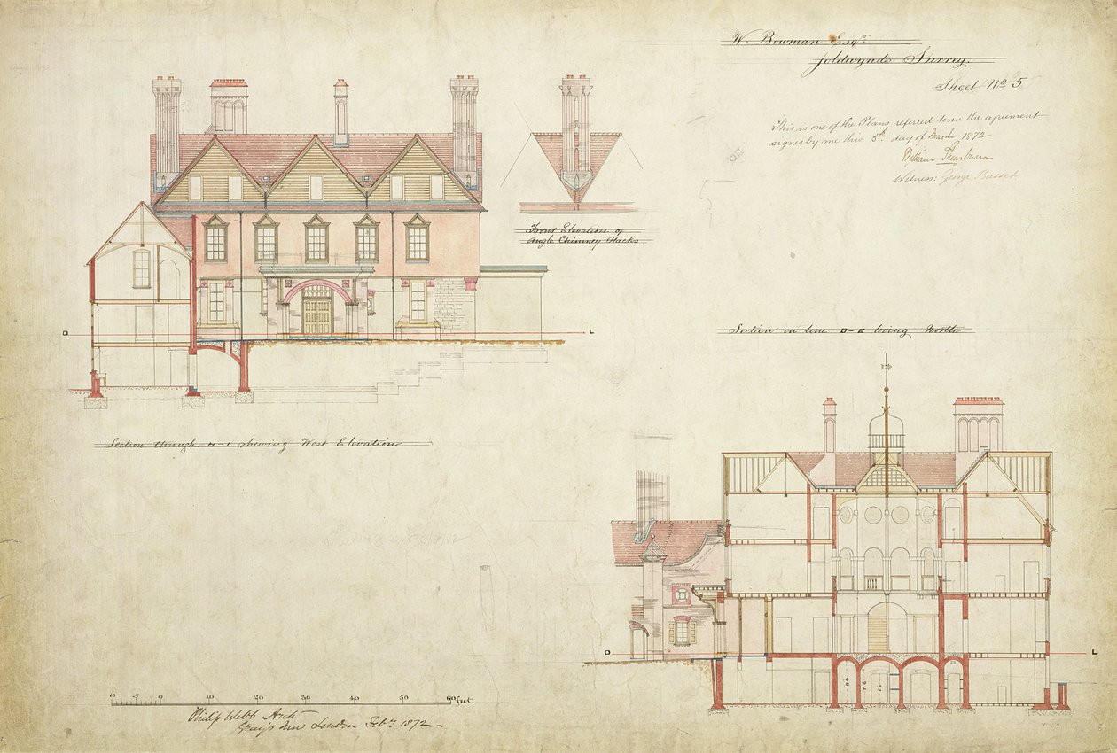 Design pro Joldwyns, Surrey, 1872 (pero a inkoust a wc na papíře) od Philip Webb