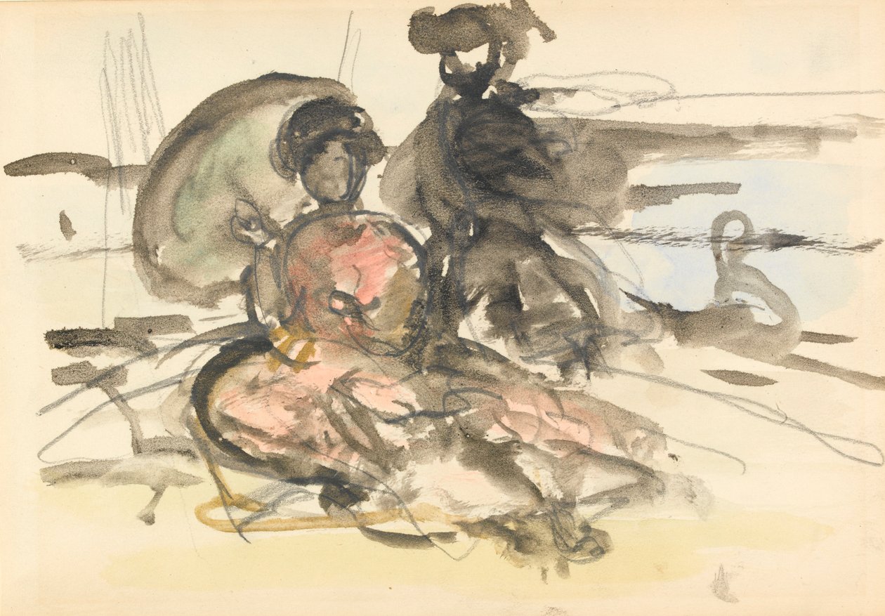 Studie obrázku: dvě ženy sedící na břehu řeky (grafit a wc na papíře) od Philip Wilson Steer