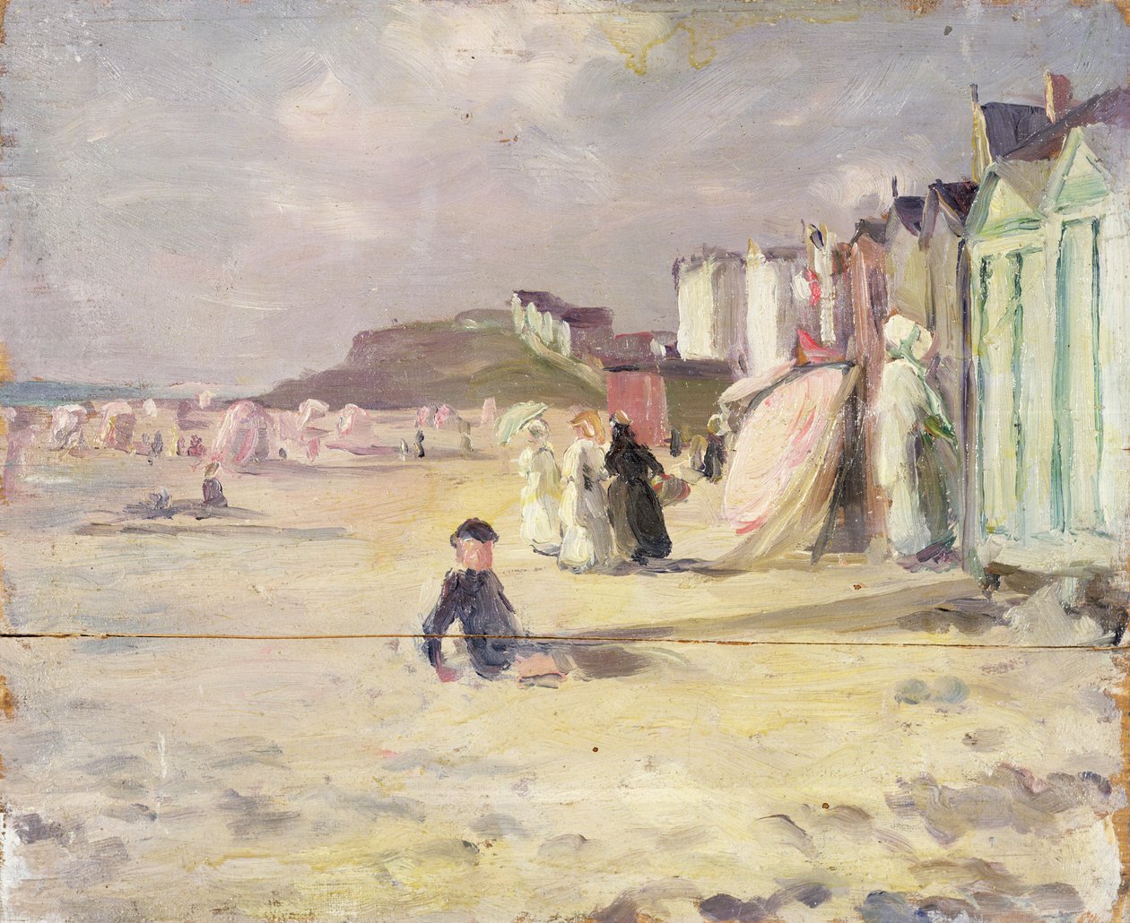 Postavy kráčející vedle řady plážových chatrčí (panel) od Philip Wilson Steer