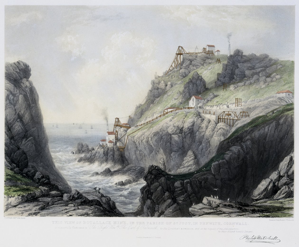 Pohled na důl Botallack, ve farnosti St. Just in Penwith, Cornwall, vyrytý Thomasem Pickenem († 1870) 1840 (ručně kolorované lito) od Philip after Mitchell