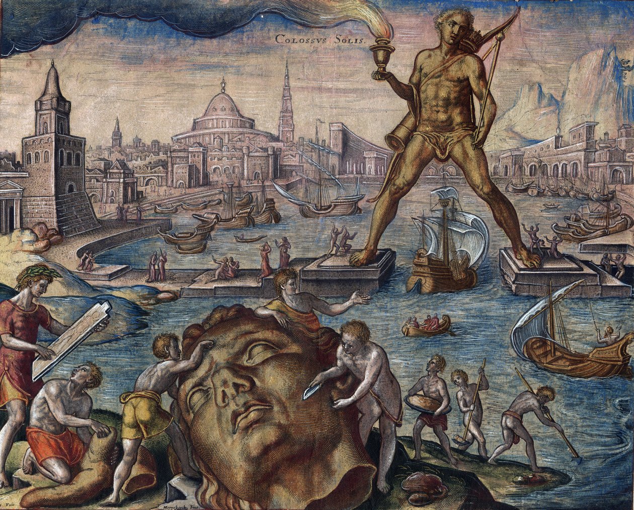 Sept merveilles du monde : "Le colosse de Rhodes"" (Colosso di Rodi) - Kolos Rhodos (ze série ""Osmé divy světa") po Maarten van Heemskerck - Galle, Philipp (1537-1612 ) - 1572 - Lept, akvarel - Bibliotheque muni od Philip (after) Galle