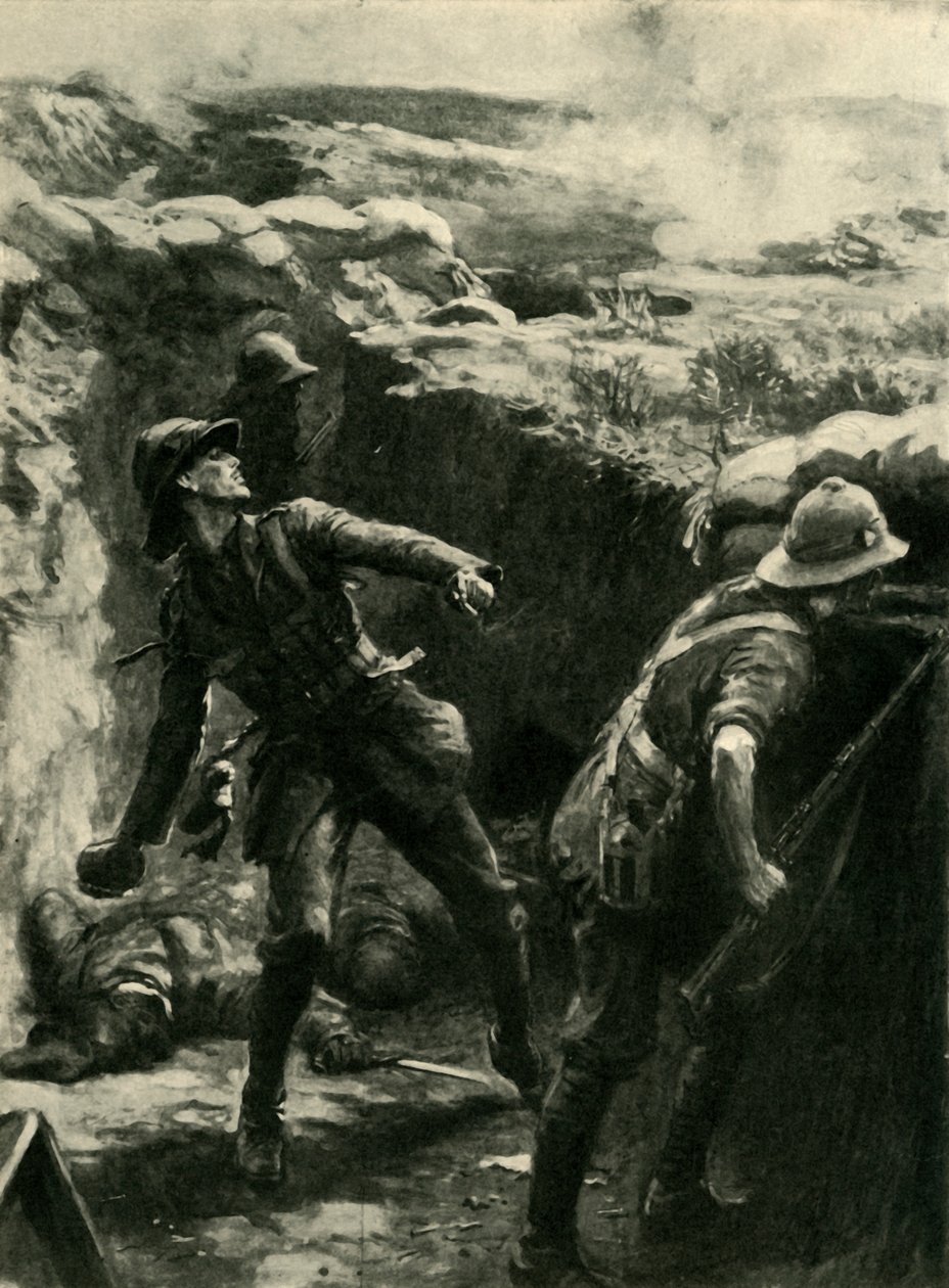 Poručík Forshaw nepřetržitě házel bomby, Gallipoli, první světová válka, 1915, c1920. od Philip Dadd