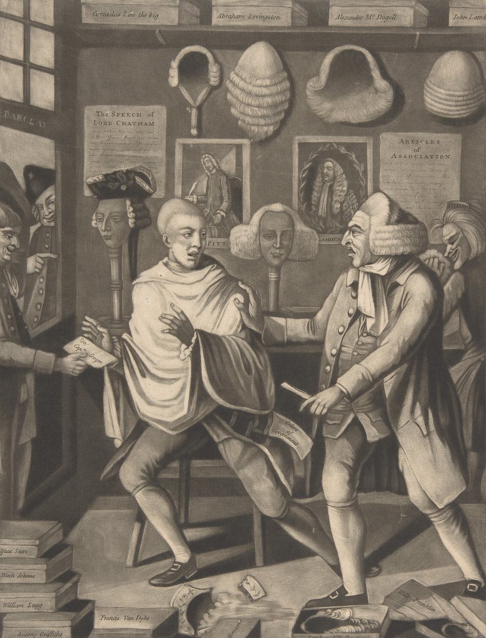The Patriotick Barber of New York, nebo Captain in the Suds, 14. února 1775. od Philip Dawe.