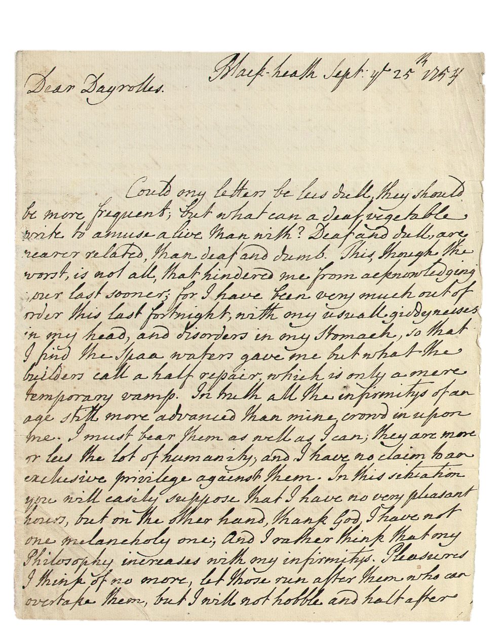 Autogram dopis Solomonovi Dayrollesovi, Blackheath, 25. září 1754 (pero a inkoust na papíře) od Philip Dormer Stanhope Chesterfield