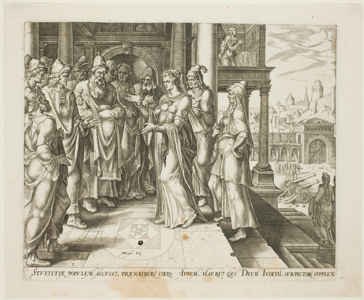 Judith Addressing the Elders of Bethulia, deska tři z Příběhu Judith a Holofernes od Philip Galle