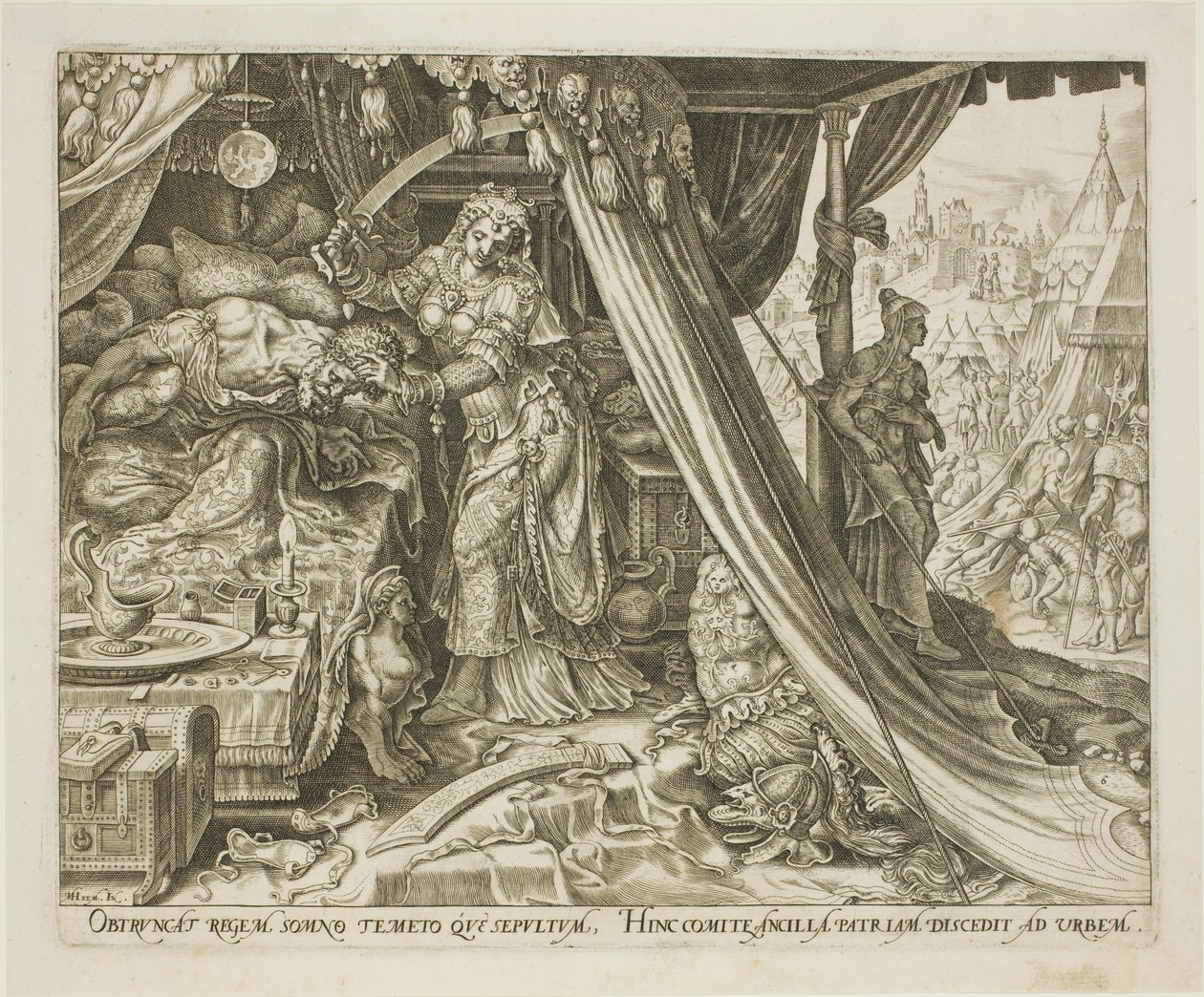 Judith Slaying Holofernes, deska šest z Příběhu Judith a Holoferna od Philip Galle