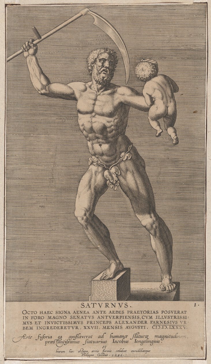 Deska 1: Saturn, socha nahého boha stojícího na soklu, v pravici třímající kosu..., 1586. od Philip Galle