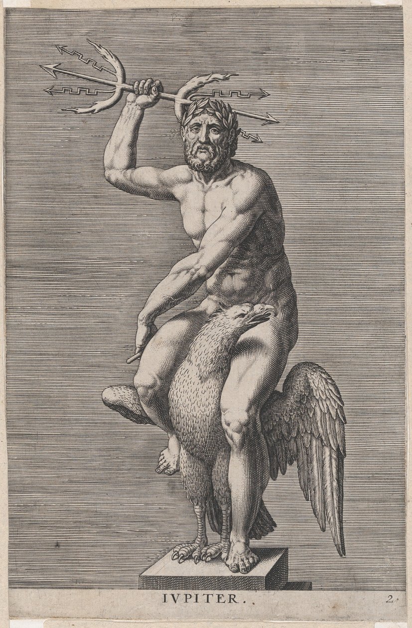 Deska 2: Jupiter, socha nahého boha sedícího na orlovi, držícího dvojitý trojzubec, z..., 1586. od Philip Galle