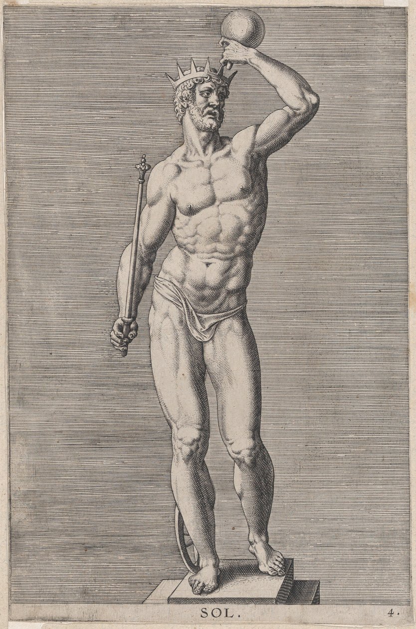 Deska 4: Apollo, socha nahého boha stojícího na soklu s korunou a držícího..., 1586. od Philip Galle