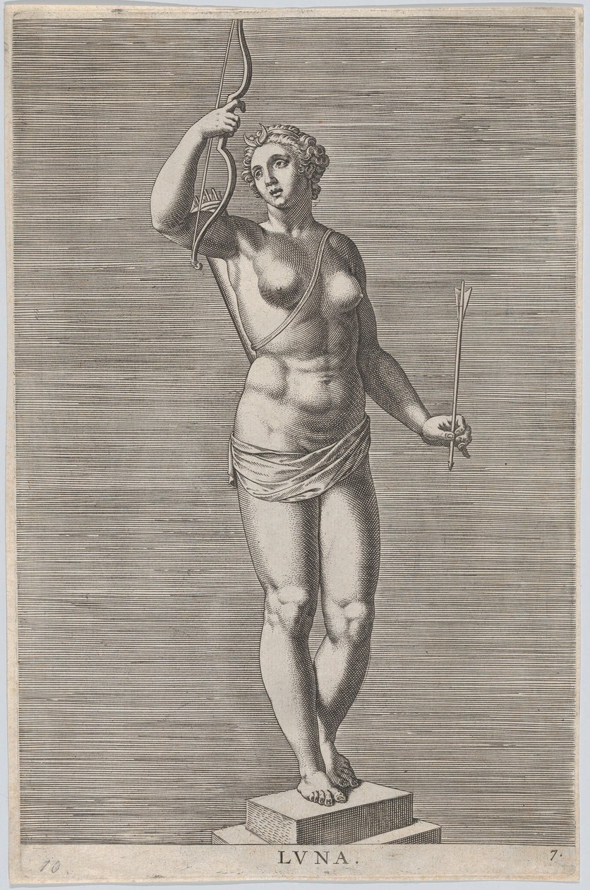 Deska 7: Diana, socha nahé bohyně stojící na soklu s půlměsícem v..., 1586. od Philip Galle