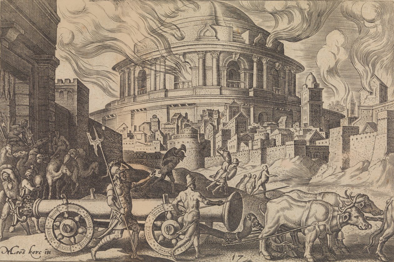 Chaldejci odnášející sloupy jeruzalémského chrámu z katastrof ..., 1569. od Philip Galle