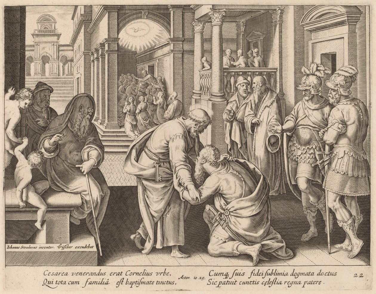 Cornelius uctívající svatého Petra od Philip Galle after Jan van der Straet