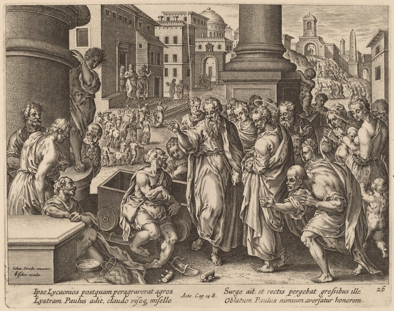 Svatý Pavel uzdravuje chromého muže v Lystře od Philip Galle after Jan van der Straet