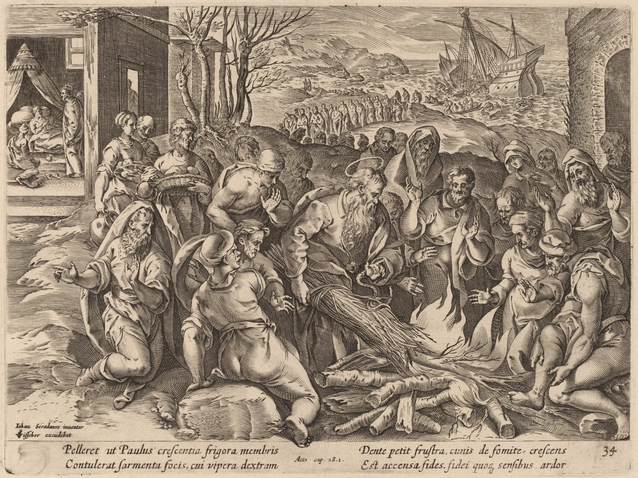 Saint Paul ztroskotal na ostrově Melita od Philip Galle after Jan van der Straet