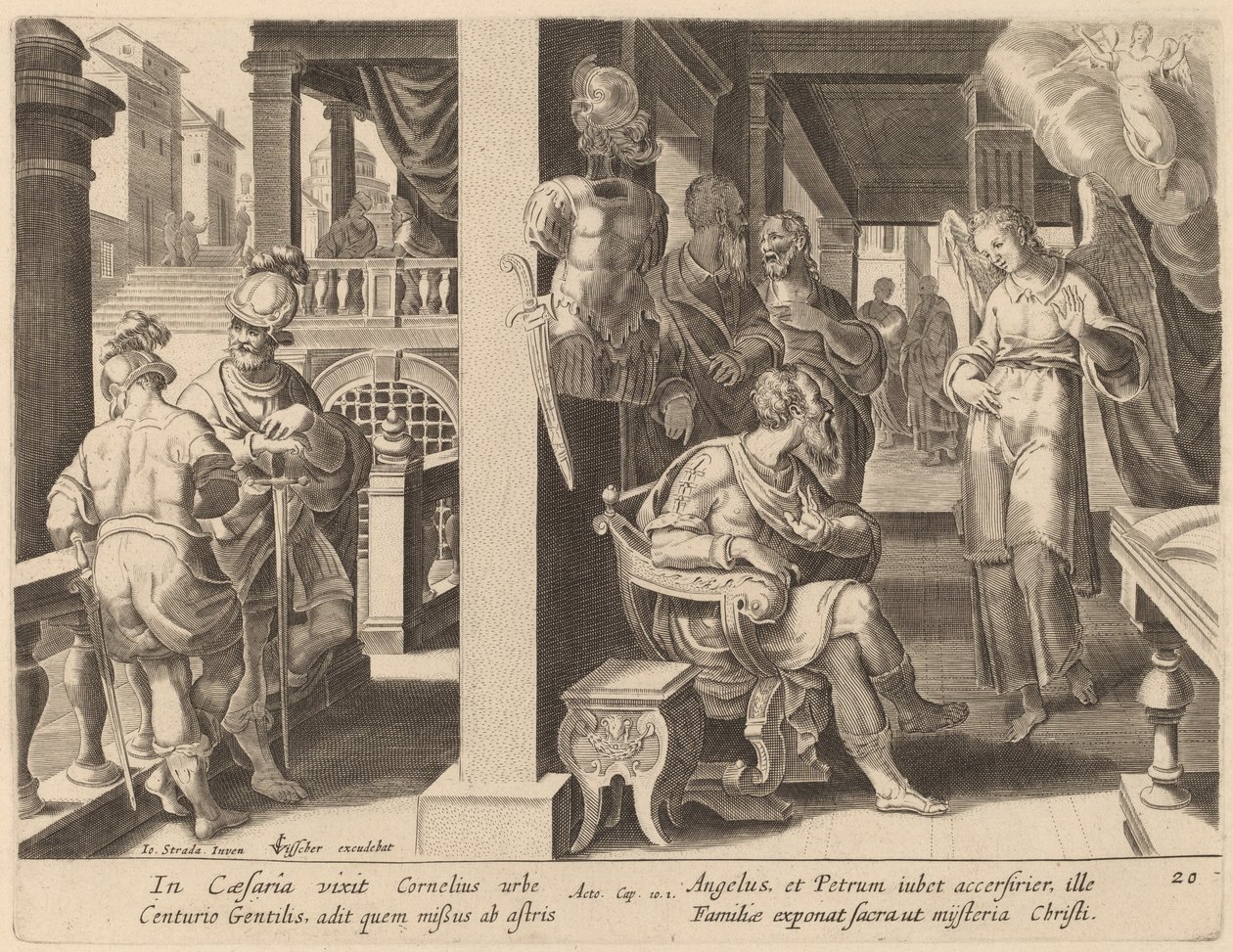 Anděl přikazuje Kornéliovi, aby přivedl svatého Petra od Philip Galle after Jan van der Straet