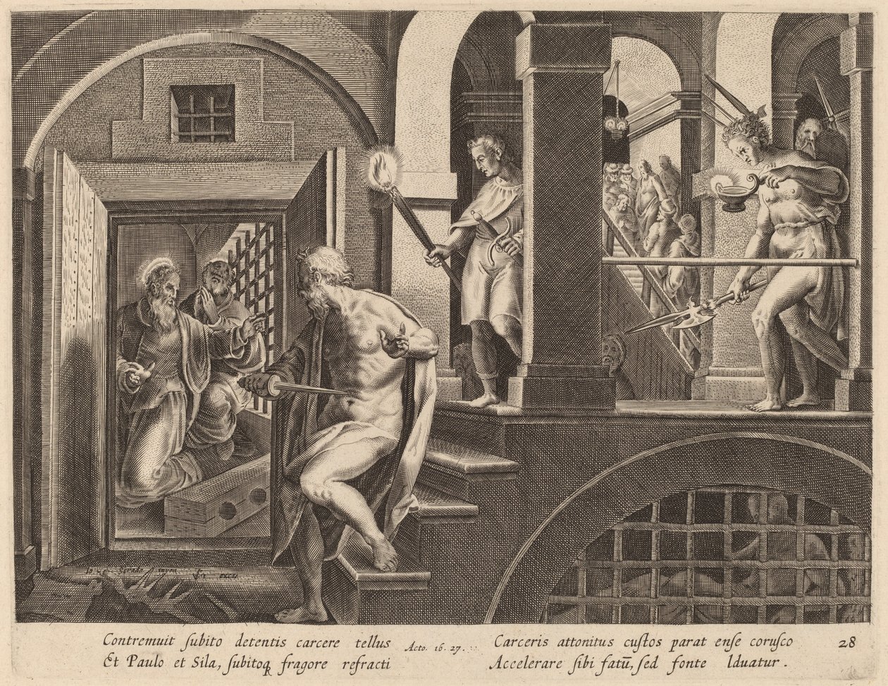 Žalářník se chystá zabít, přeměněný svatým Pavlem od Philip Galle after Jan van der Straet