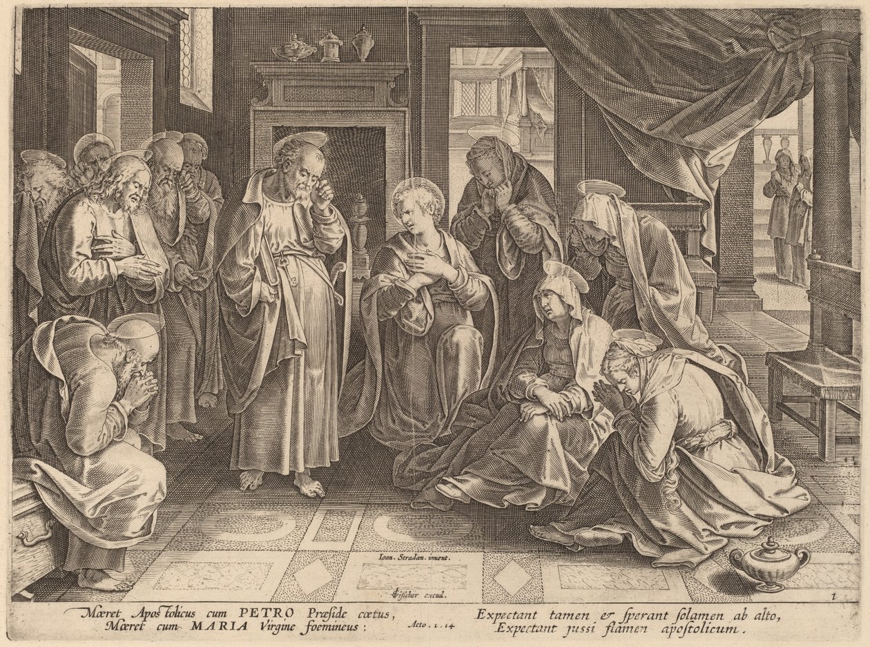 Setkání apoštolů a žen ve večeřadle od Philip Galle after Jan van der Straet