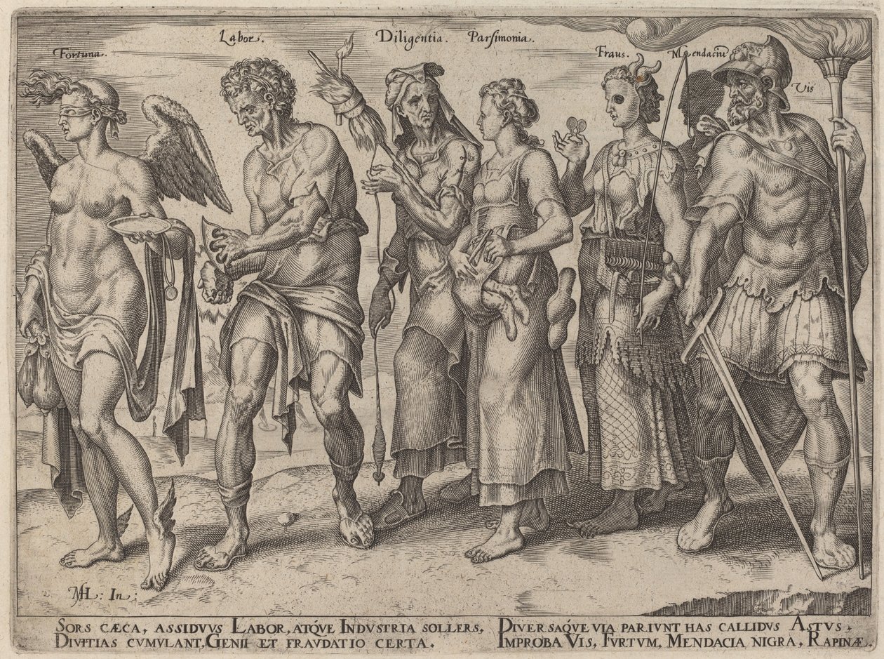 Štěstí, práce, píle, spořivost, podvod (čestné a nečestné způsoby, jak zbohatnout) od Philip Galle, after Maerten van Heemskerck