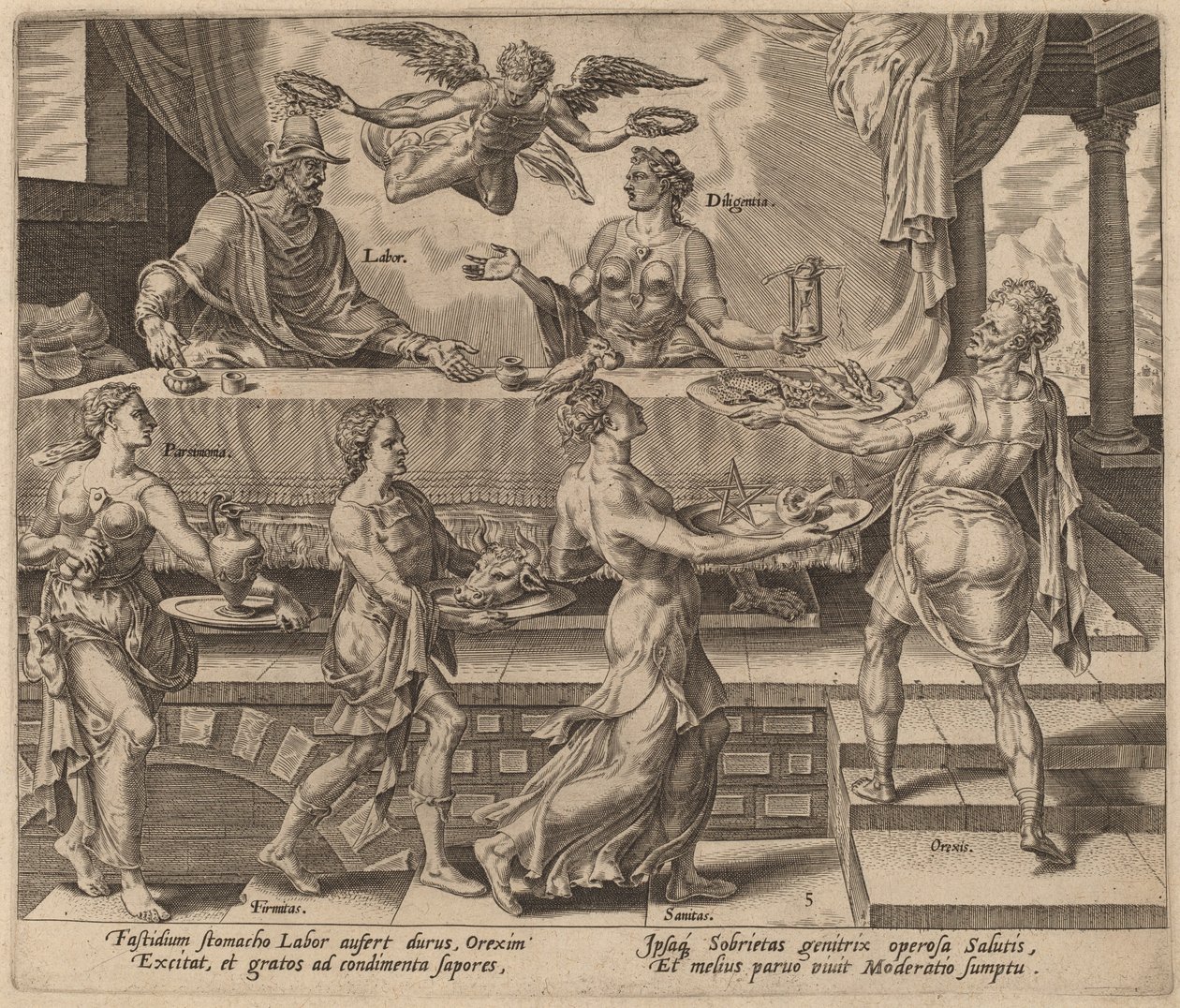 Práce a píle si pochutnávají na jednoduchém jídle od Philip Galle after Maerten van Heemskerck