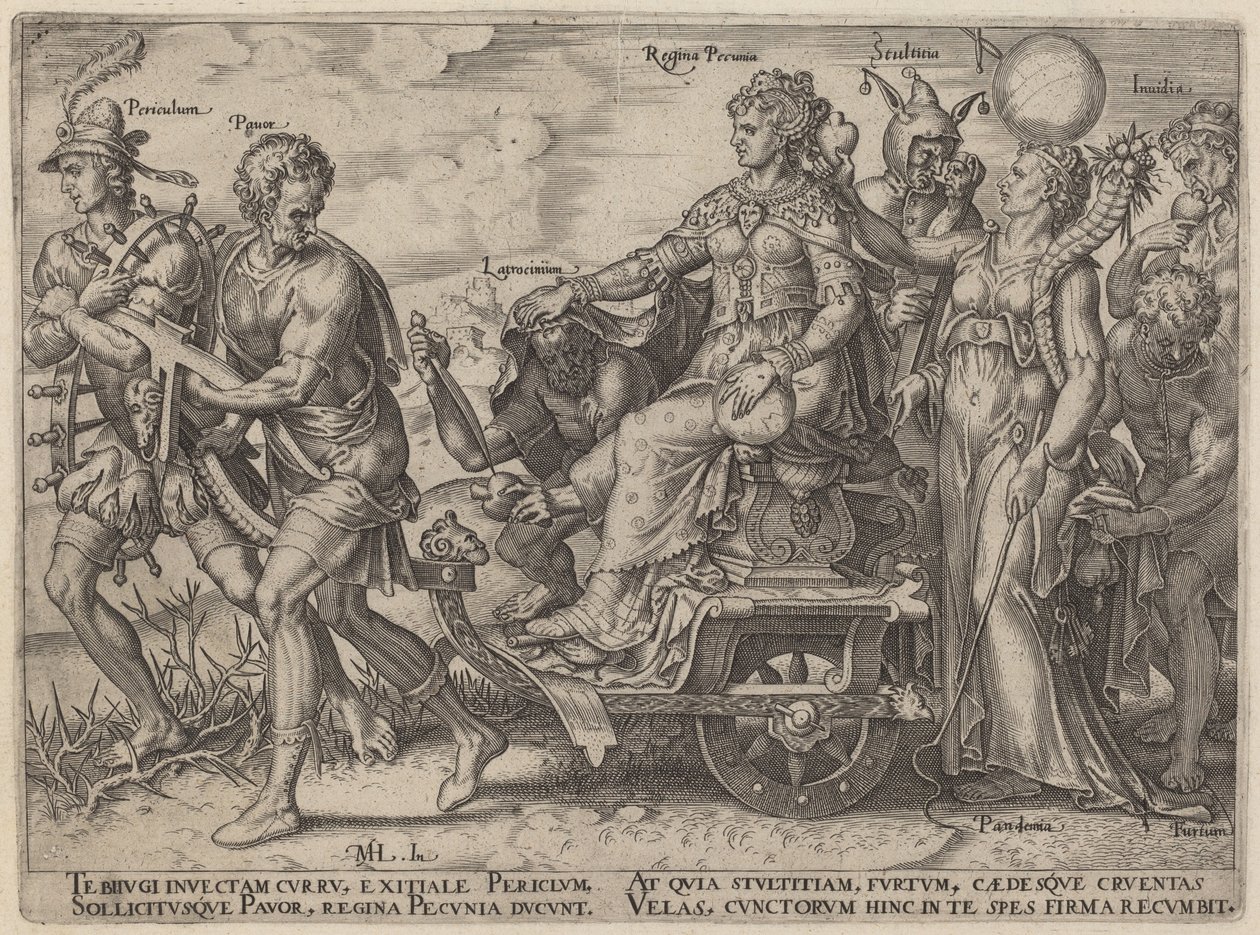 Nebezpečí, chudoba, zlodějina, královna peněz, pošetilost, závist (nebezpečí a neřesti doprovázející bohatství) od Philip Galle, after Maerten van Heemskerck