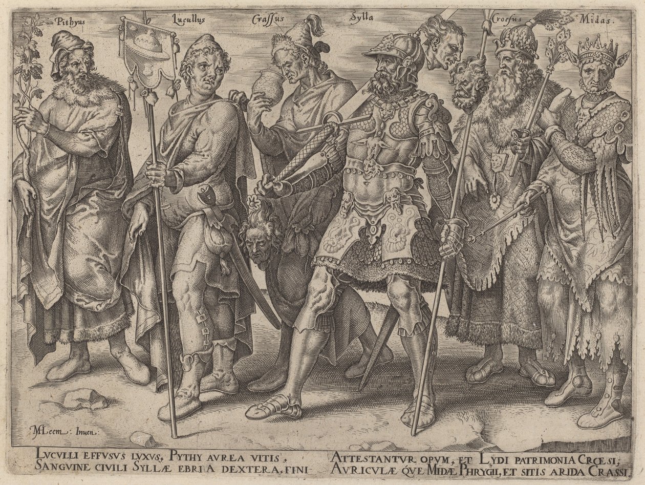 Pythius, Lucullus, Crassus, Sylla, Croesus, Midas (Notoricky známé příklady bohatství ze starověku) od Philip Galle, after Maerten van Heemskerck