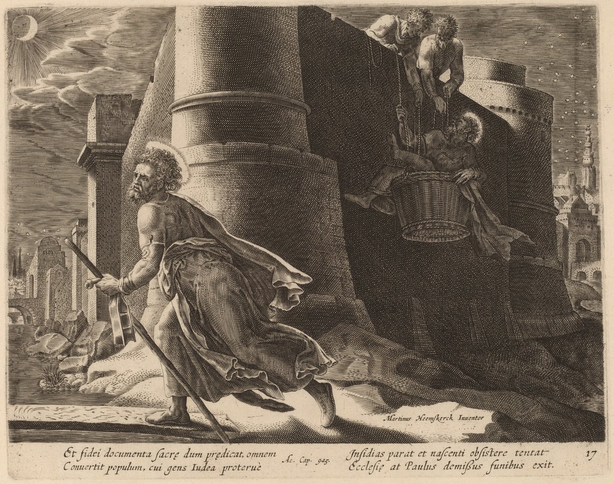 Svatý Pavel útěky z Damašku od Philip Galle after Maerten van Heemskerck