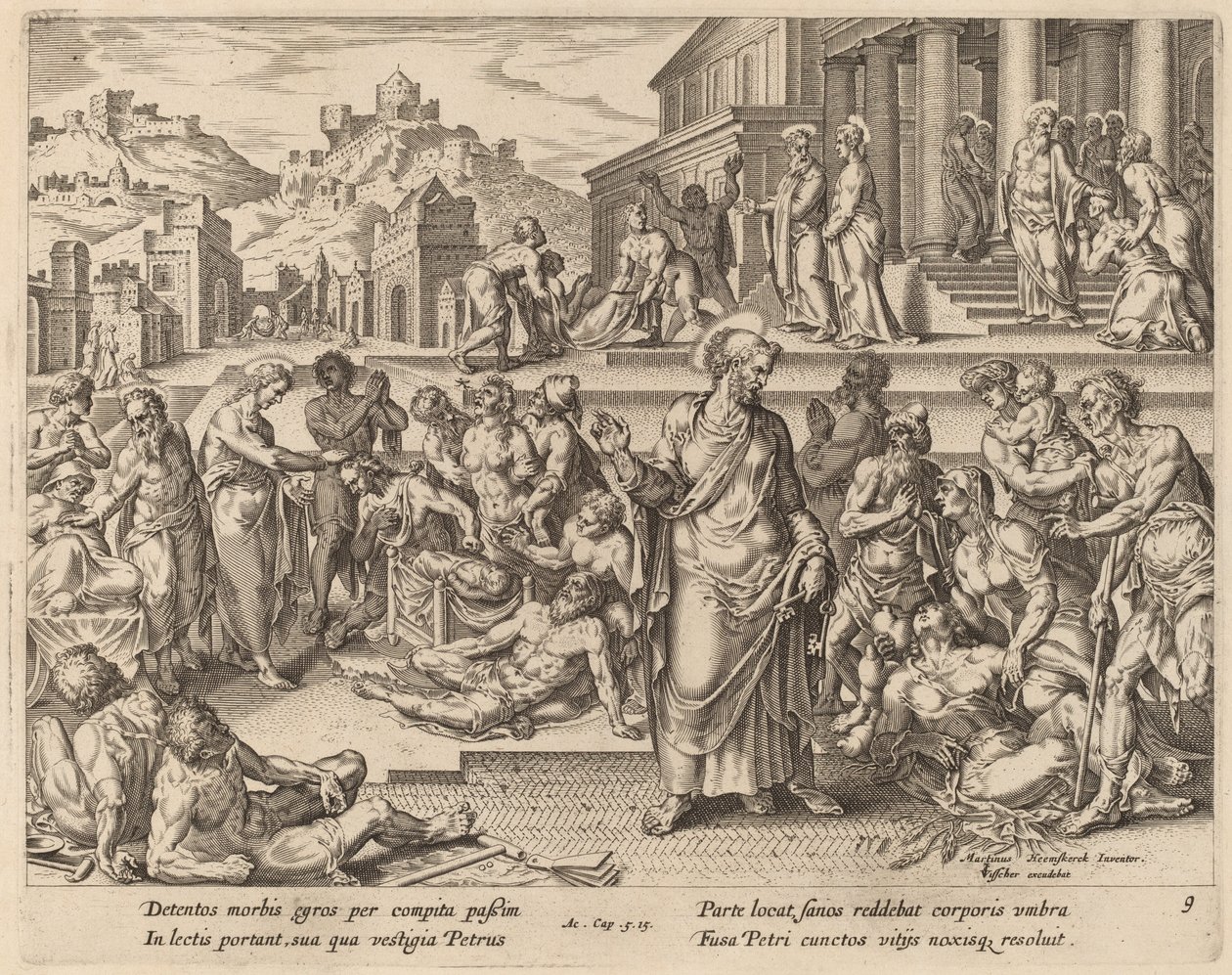 Svatý Petr uzdravuje nemocné svým stínem od Philip Galle after Maerten van Heemskerck