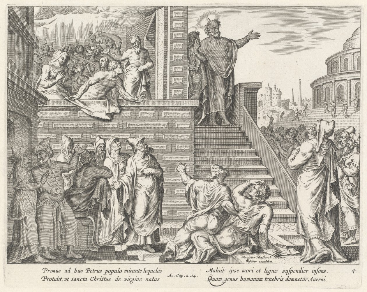 Svatý Petr mluví k lidu o Kristu od Philip Galle after Maerten van Heemskerck