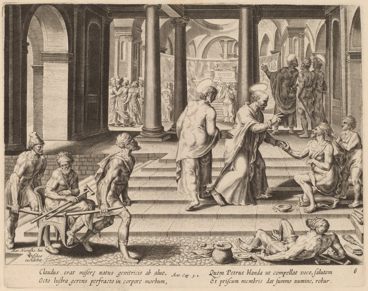 Svatí Petr a Jan uzdravují mrzáka u brány chrámu od Philip Galle after Maerten van Heemskerck