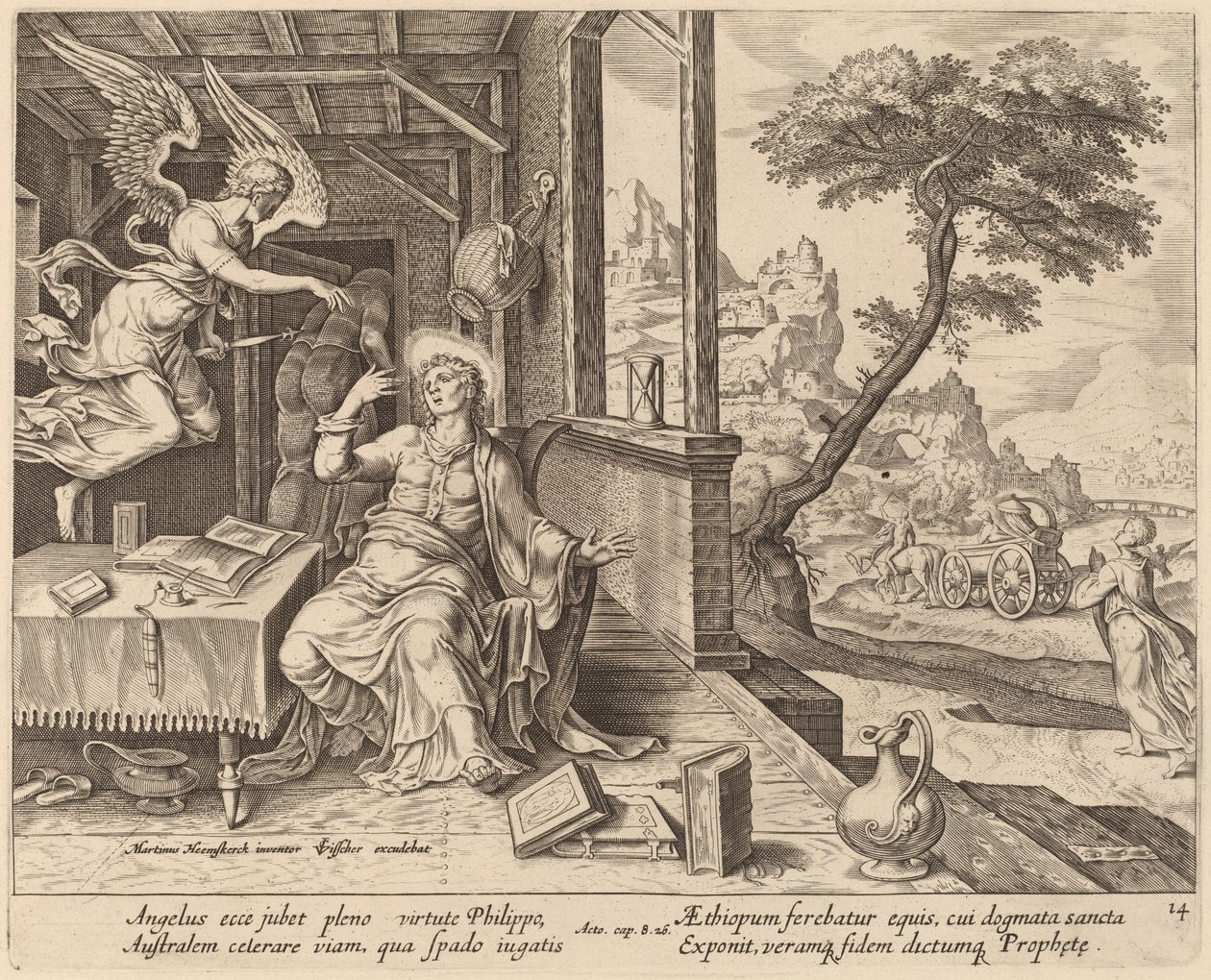 Anděl přikazuje svatému Filipovi, aby doprovázel etiopského eunucha od Philip Galle after Maerten van Heemskerck