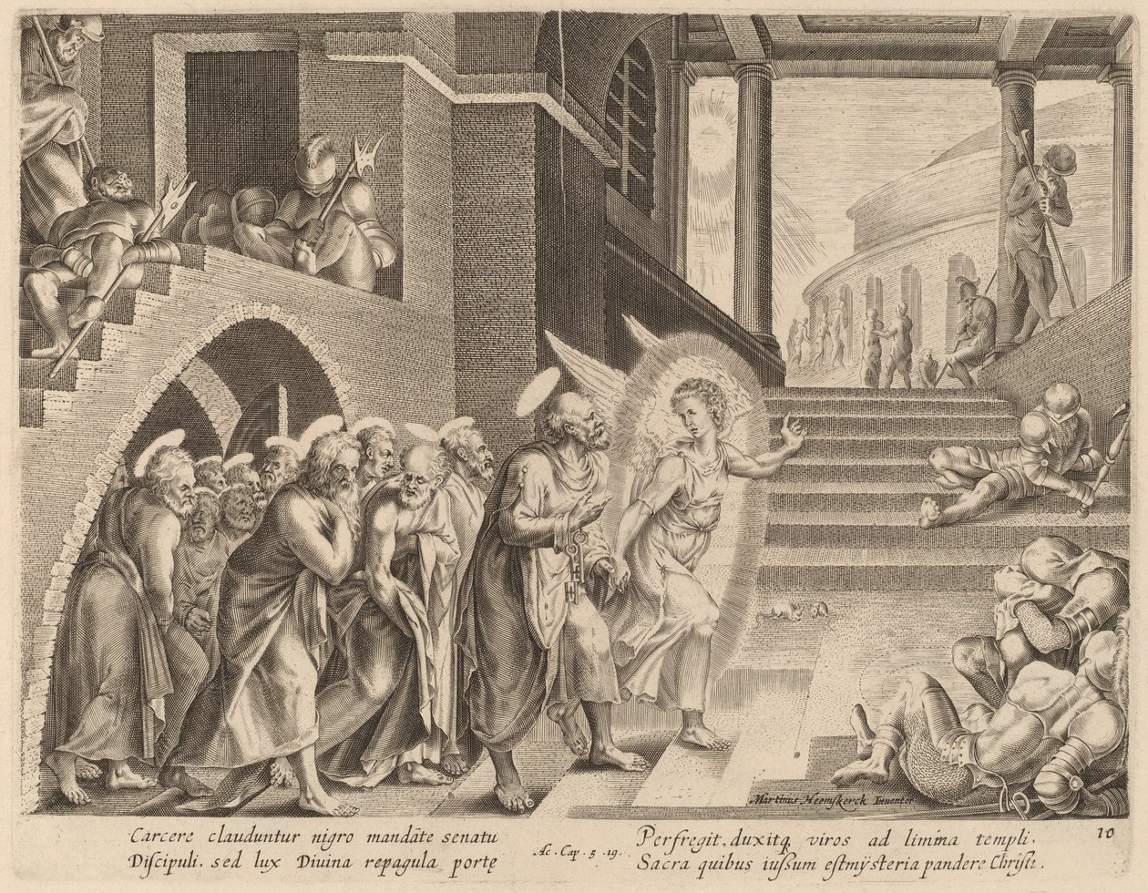 Apoštolové vysvobození z vězení andělem od Philip Galle after Maerten van Heemskerck