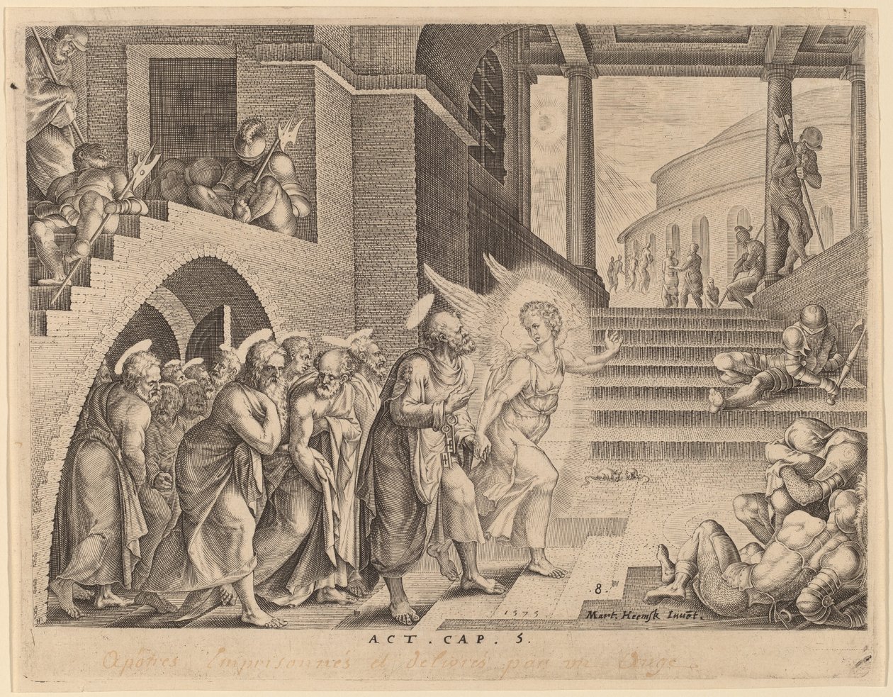 Apoštolové vysvobození z vězení andělem od Philip Galle after Maerten van Heemskerck