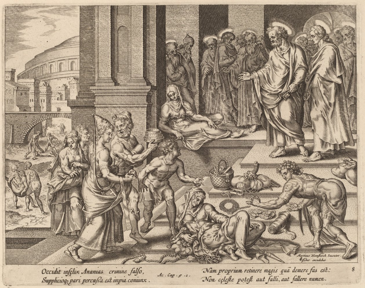 Smrt Ananiáše a Safiry od Philip Galle after Maerten van Heemskerck