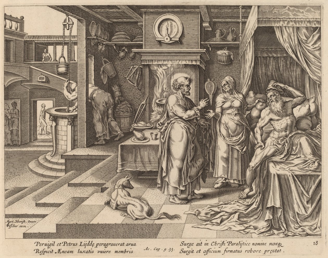Uzdravení Eneáše od svatého Petra od Philip Galle after Maerten van Heemskerck