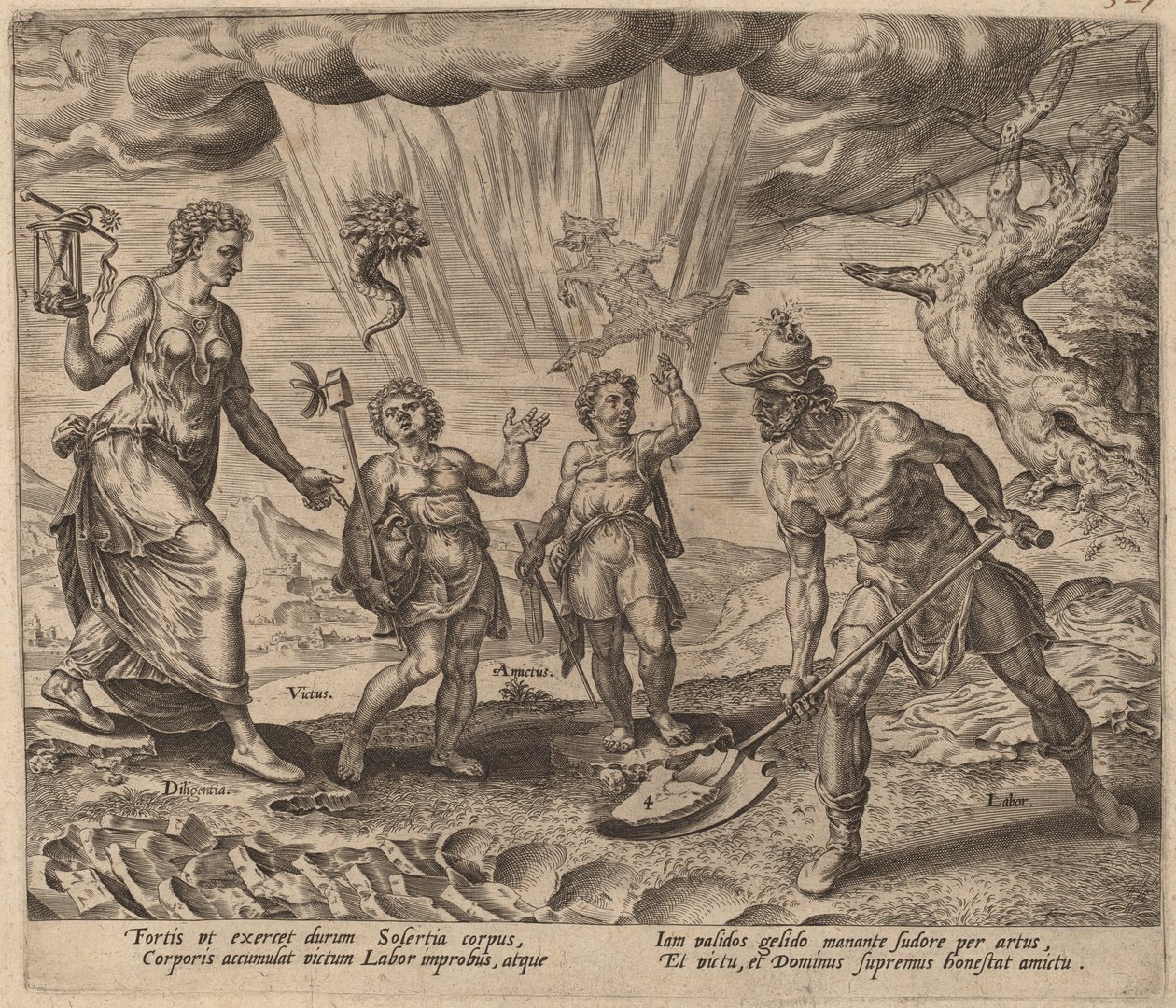 Pán obdarovává pilného dělníka jídlem a oblečením od Philip Galle after Maerten van Heemskerck