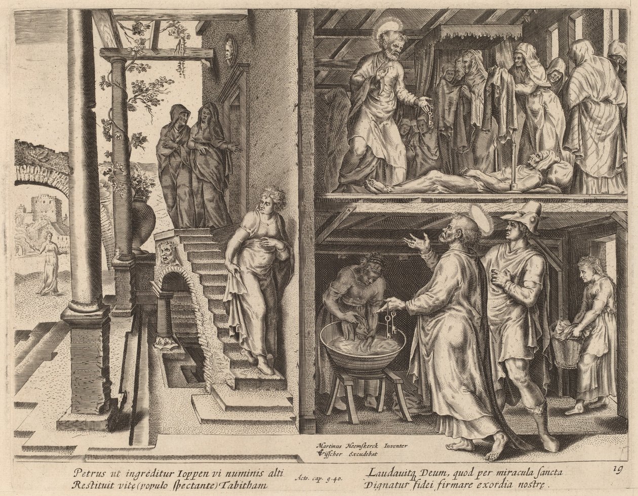 Vzkříšení Tabithy od Philip Galle after Maerten van Heemskerck