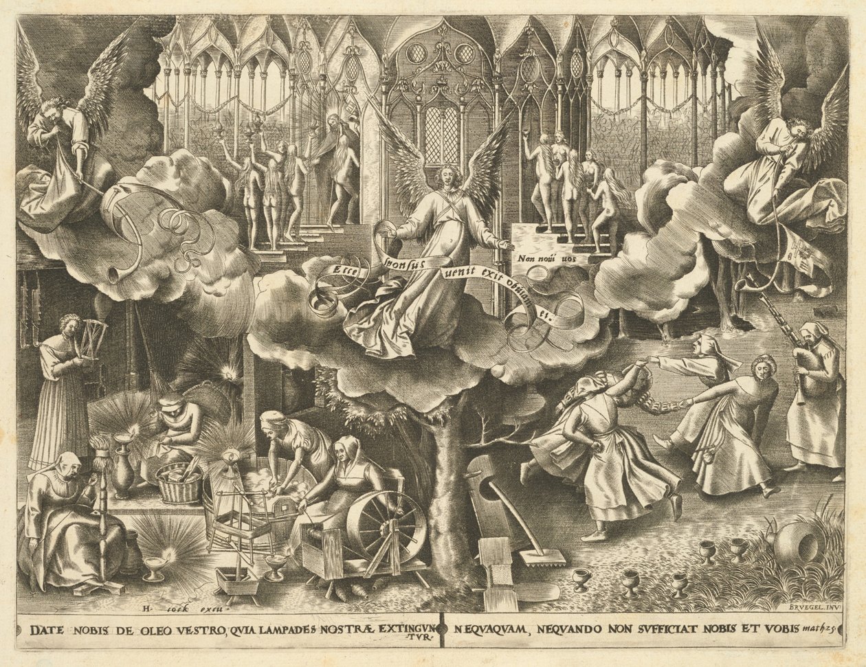 Podobenství o moudrých a pošetilých pannách od Philip Galle, after Pieter Bruegel the Elder