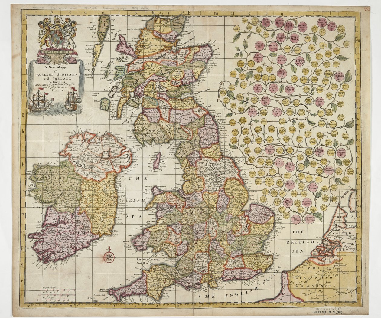 Nová mapa Anglie Skotsko a Irsko, kolem roku 1690 (barevná rytina) od Philip Lea