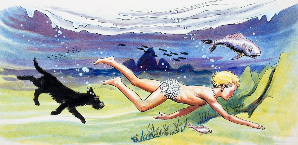 Plavání s rybami, ilustrace z knihy "The Water Babies" od Charlese Kingsleyho od Philip Mendoza