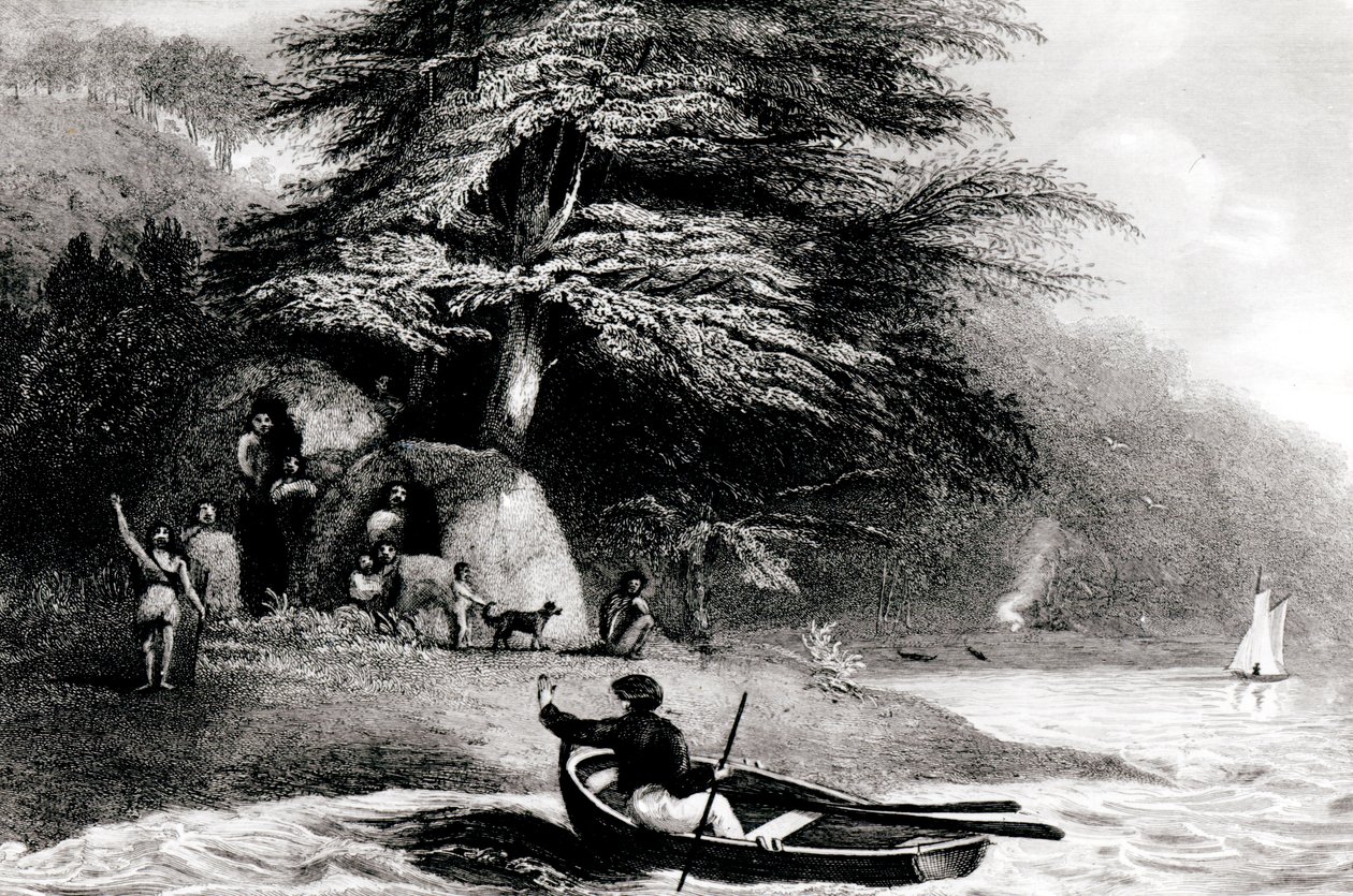 Fuegian Wigwams v Hope Harbourin Magdalen Channel, rytý S. Bull, 1838 od Philip Parker King
