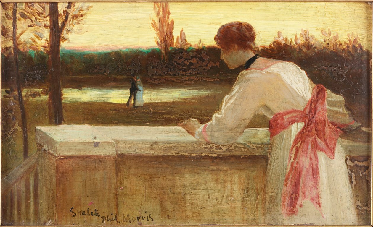 Dívka na balkóně sleduje pár u jezera od Philip Richard Morris