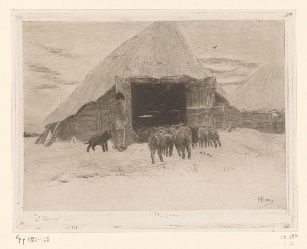 Herder leidt een kudde schapen een schuur in Grange dans la neige (original title)   1382001   cs       czech Successfully Translated  Original: Studie af Thorvaldsen efter Eckersbergs maleri (1814) Translat: Studie af Thorvaldsen efter Eckersbergs maleri  od Philip Zilcken (signed by artist)