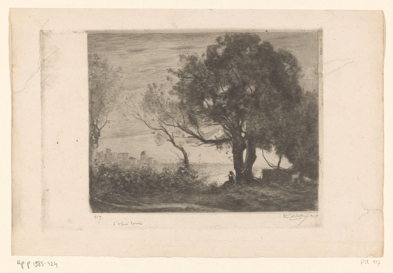 Krajina s hráčem na flétnu pod stromem a silueta města Soir (původní název) od Philip Zilcken (signed by artist)