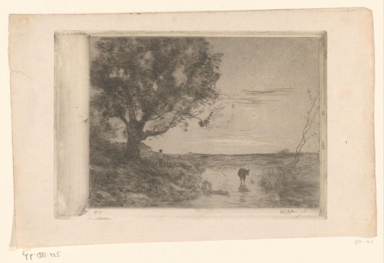 Krajina s teletem ve vodě a mužem pod stromem Soir (původní název) od Philip Zilcken (signed by artist)