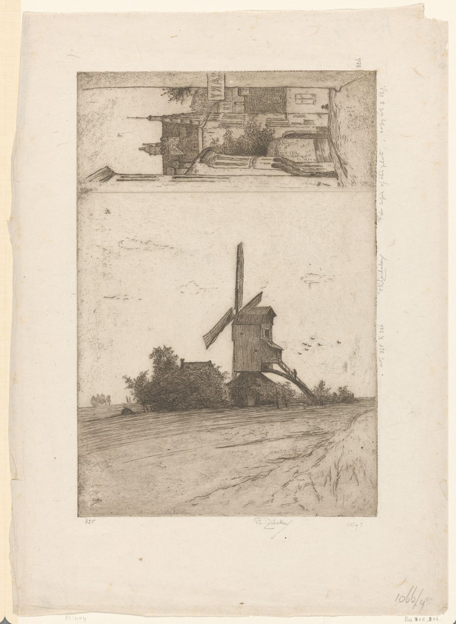 Větrný mlýn v luční krajině a výhled na Ravensteinstraat v Bruselu Vieux moulin a Laeken / Rue Ravenstein (Bruxelles) (původní název) od Philip Zilcken (signed by artist)