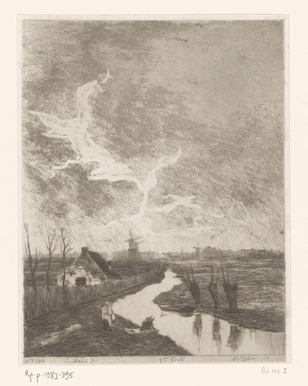 Luční krajina s příkopem, farmou a mlýny Environs de La Haye (původní název) od Philip Zilcken (signed by artist)