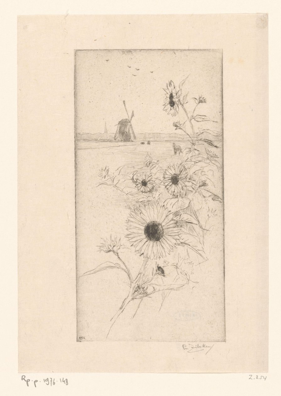 Slunečnice pro luční krajinu s koňmi a mlýnem Eutude de tournesols (původní název) od Philip Zilcken (signed by artist)