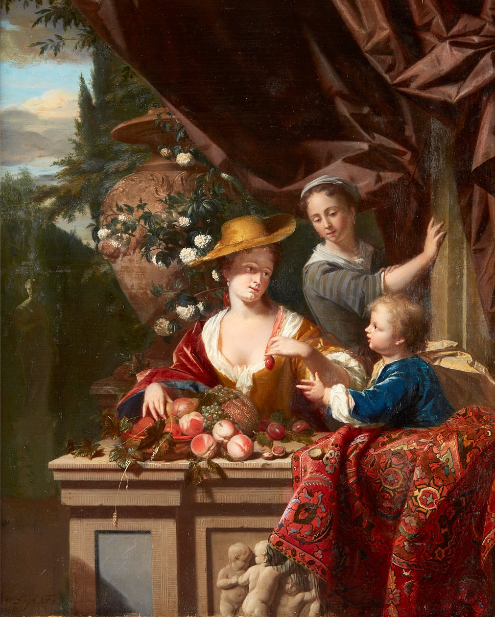 Elegantní figurky na terase s miskou různého ovoce (olej na desce) od Philip van Dyck