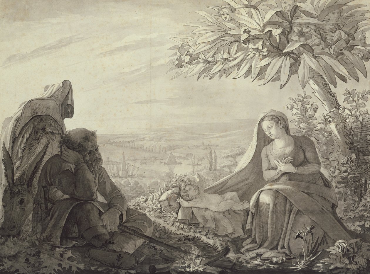 Odpočinek na útěku do Egypta, 1805 (pero, inkoust a mytí na papíře) od Philipp Otto Runge